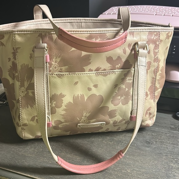B•Makowsky Tan & Pink Genuine Leather Floral Tote Shoulder Bag EUC - Picture 2 of 7